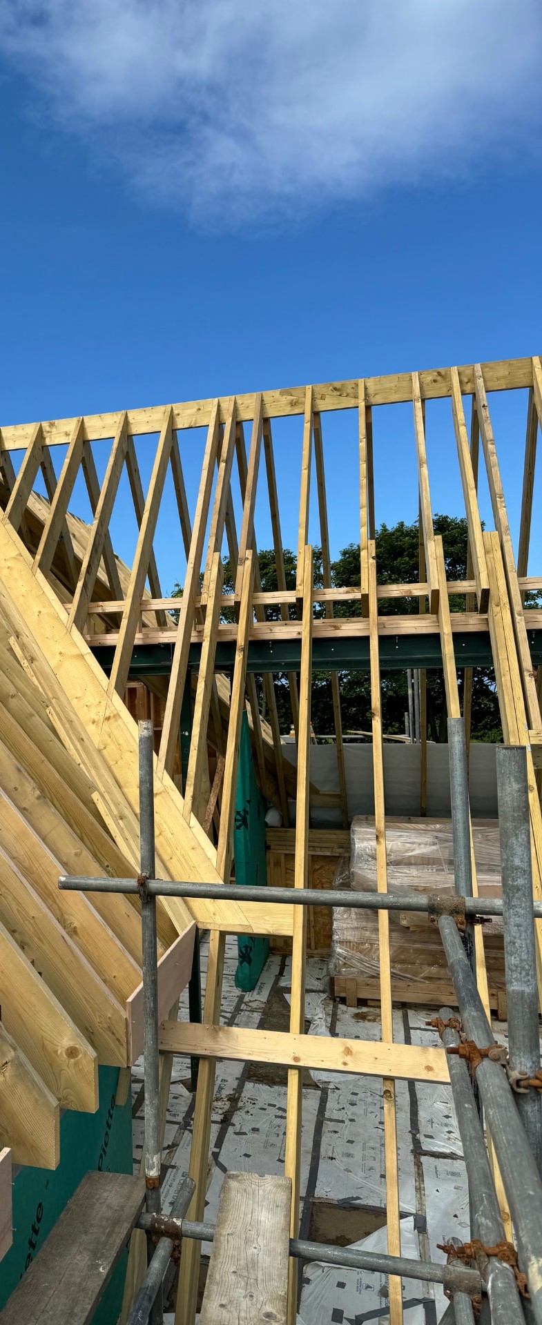 Close view of newly cut rafters and purlins on the newbuild roof