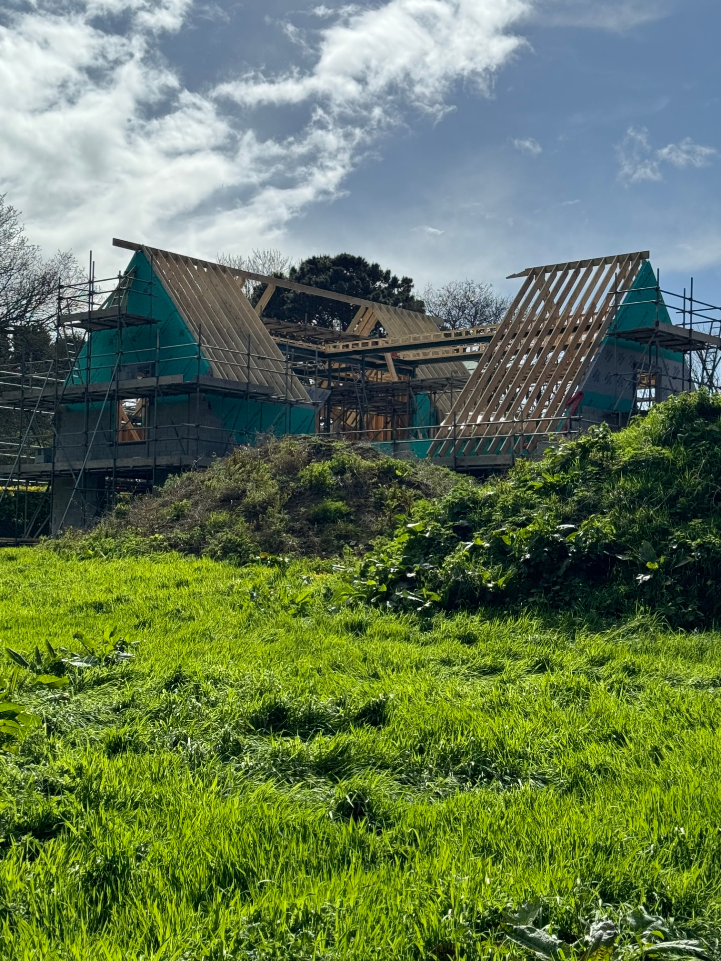 Newbuild roof structure being framed out with scaffolding around the shell